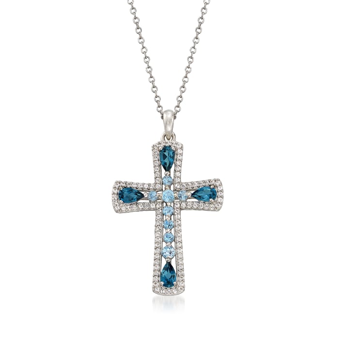 1.50 ct. t.w. London and Swiss Blue Topaz Cross Pendant Necklace with White Topaz in Sterling Silver