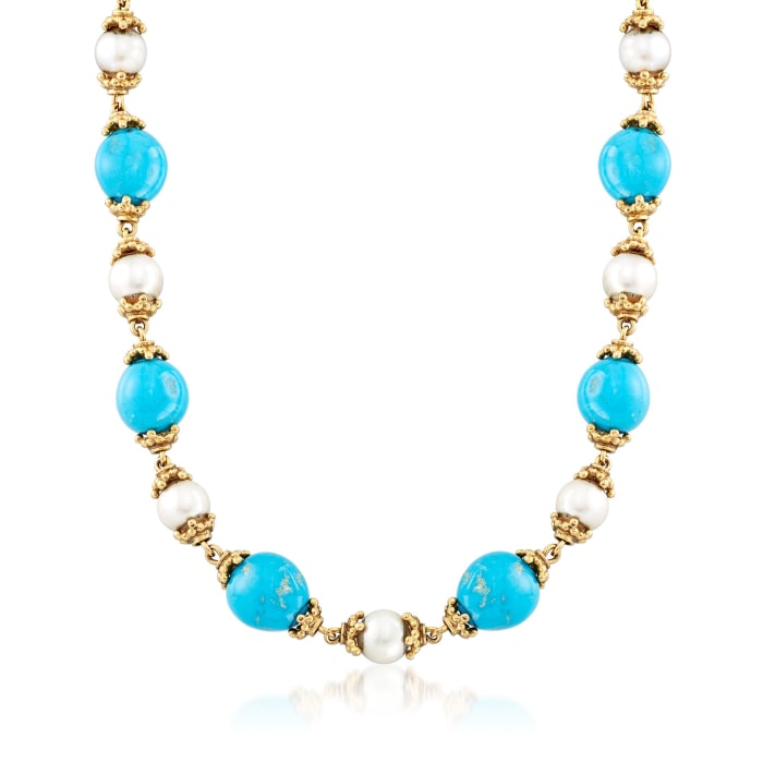 C. 1980 Vintage 10mm Cultured Pearl and Turquoise Bead Necklace in 14kt Yellow Gold