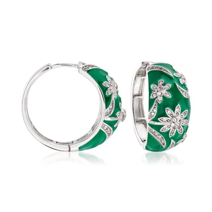 .70 ct. t.w. White Topaz and Green Enamel Flower Hoop Earrings in Sterling Silver