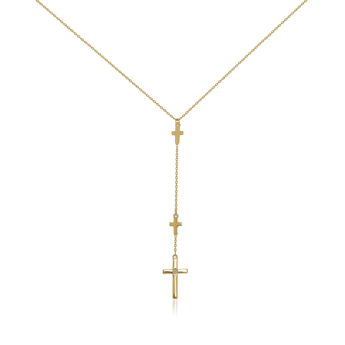 14kt Yellow Gold Three Cross Y-Necklace with Diamond Accent