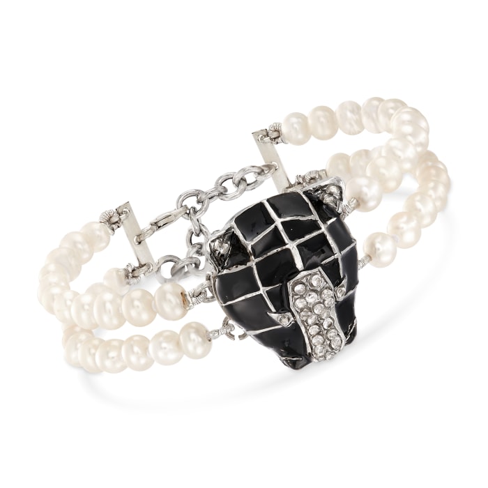 Italian Cultured Pearl and Black Enamel Panther Bracelet with .91 ct. t.w. CZs in Sterling Silver