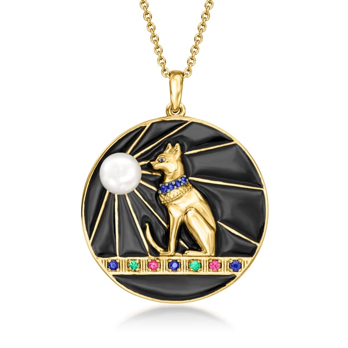 Cultured Pearl and .14 ct. t.w. Multi-Gemstone Egyptian Cat Goddess Pendant Necklace