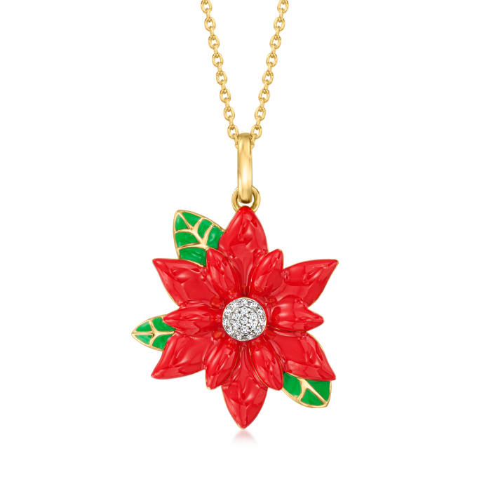 Red and Green Enamel Poinsettia Pendant Necklace with Diamond Accents in 18kt Gold Over Sterling