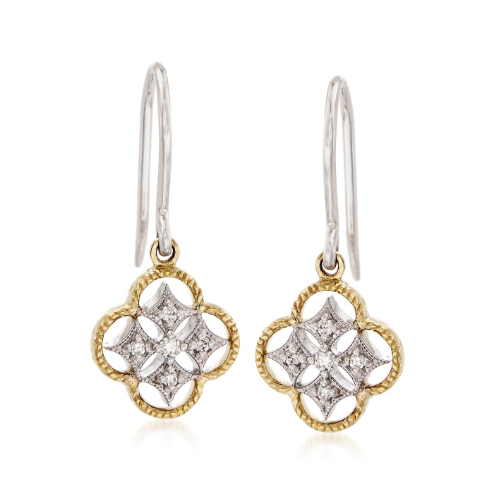18kt Two-Tone Gold Openwork Clover Drop Earrings with Diamond Accents