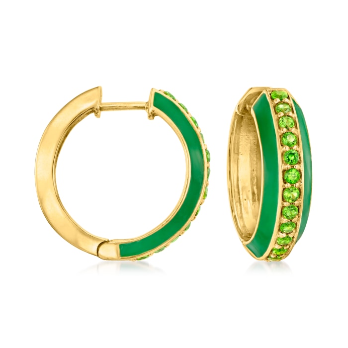 .60 ct. t.w. Chrome Diopside and Green Enamel Hoop Earrings in 18kt Gold Over Sterling