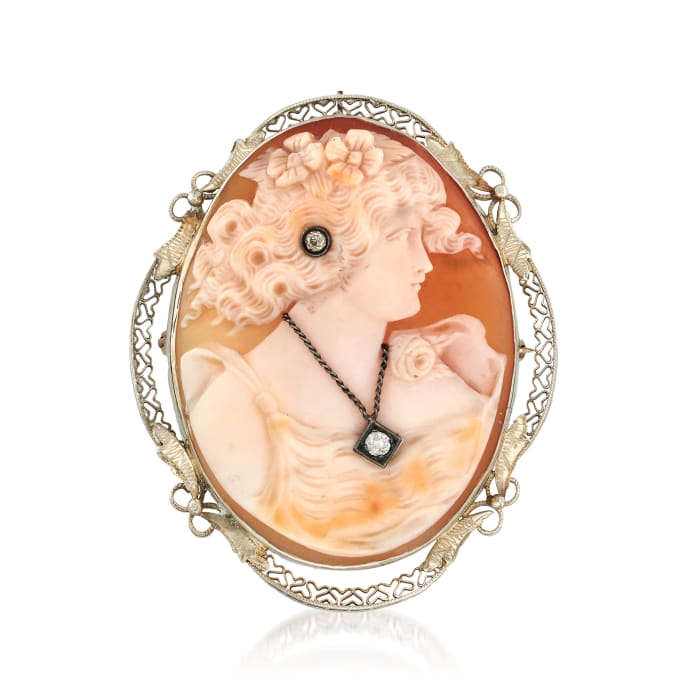 C. 1950 Vintage Pink Shell Cameo Pin Pendant with .10 ct. t.w. Diamonds in 14kt White Gold
