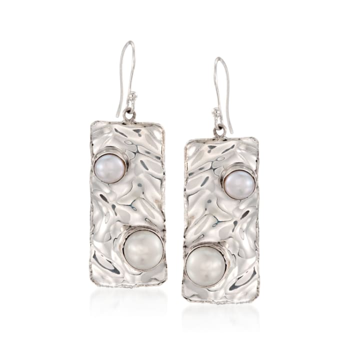 6-8mm Cultured Pearl Hammered Drop Earrings in Sterling Silver