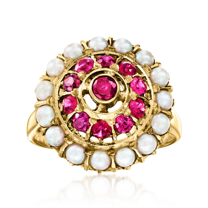 C. 1970 Vintage 2.5mm Cultured Pearl and .80 ct. t.w. Ruby Ring in 14kt Yellow Gold