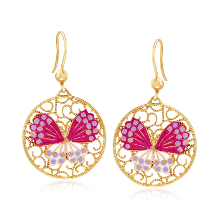 Italian Multicolored Enamel Butterfly Drop Earrings in 18kt Gold Over Sterling