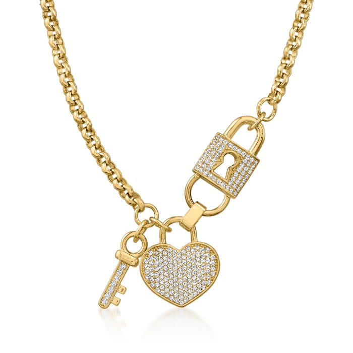 1.50 ct. t.w. CZ Heart, Lock and Key Necklace in 18kt Gold Over Sterling