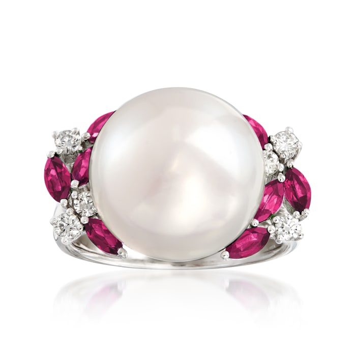 13-13.5mm Cultured Pearl, .70 ct. t.w. Ruby and .23 ct. t.w. Diamond Ring in 14kt White Gold
