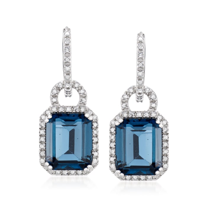 7.00 ct. t.w. London Blue Topaz and .18 ct. t.w. Diamond Hoop Drop Earrings in Sterling Silver