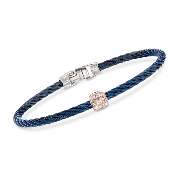 ALOR &quot;Shades of Alor&quot; Blue Stainless Steel Cable Bracelet with Diamond Accents and 18kt Two-Tone Gold