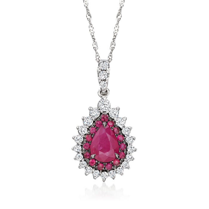 .80 ct. t.w. Ruby and .32 ct. t.w. Diamond Pear-Shaped Pendant in 14kt White Gold