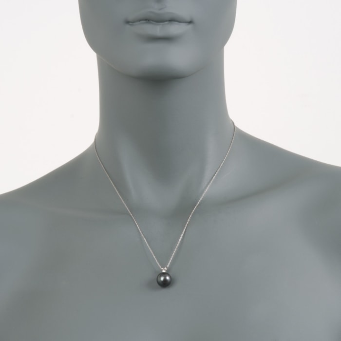11mm Black Cultured Pearl Pendant Necklace with Diamond in 14kt White Gold 18-inch