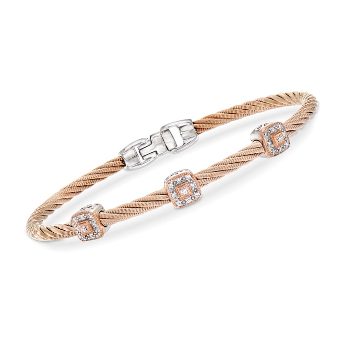 ALOR &quot;Shades of Alor&quot; Carnation Stainless Steel Cable Bracelet with .14 ct. t.w. Diamond Stations in 18kt White and Rose Gold