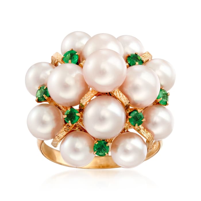 C. 1980 Vintage 5.5-6.5mm Cultured Pearl and .50 ct. t.w. Emerald Cluster Ring in 14kt Yellow Gold