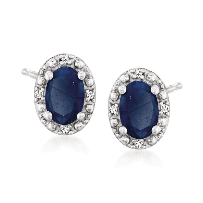 1.20 ct. t.w. Oval Sapphire Stud Earrings with Diamond Accents in Sterling Silver