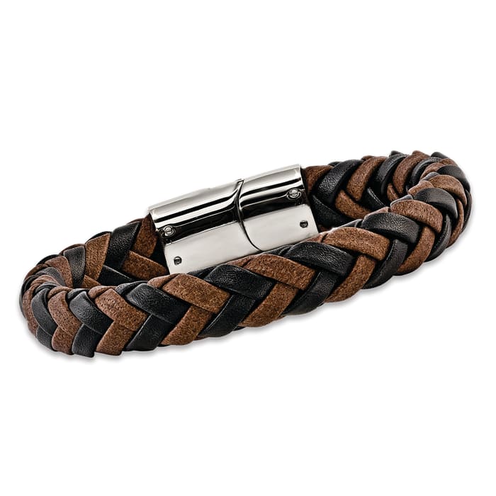 Men's Black and Brown Leather Bracelet with Stainless Steel