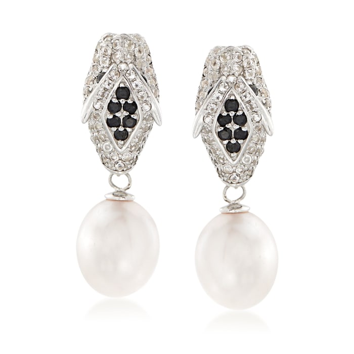 10-10.5mm Cultured Pearl and 1.40 ct. t.w. White Topaz Panther Earrings with Black Spinels in Sterling