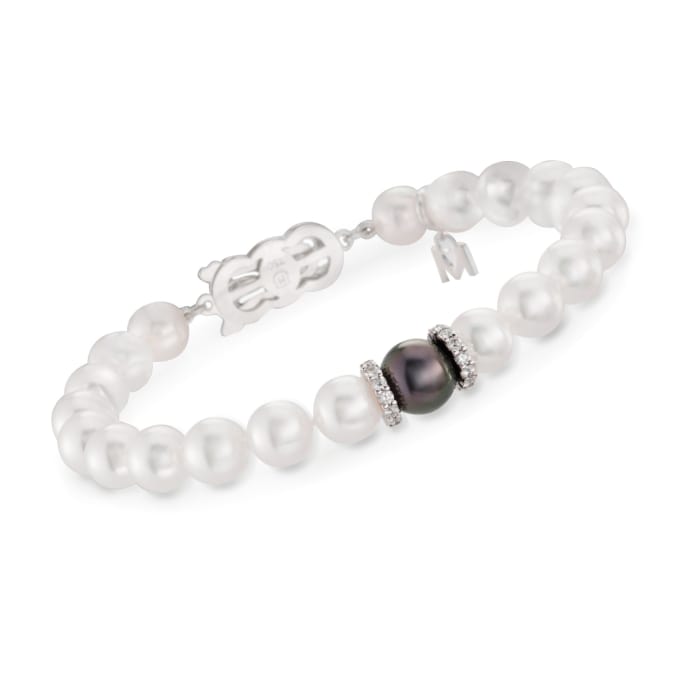 Mikimoto &quot;Everyday Essentials&quot; 7-7.5mm A+ Akoya and 10mm Black South Sea Pearl Bracelet with Diamonds in 18kt White Gold