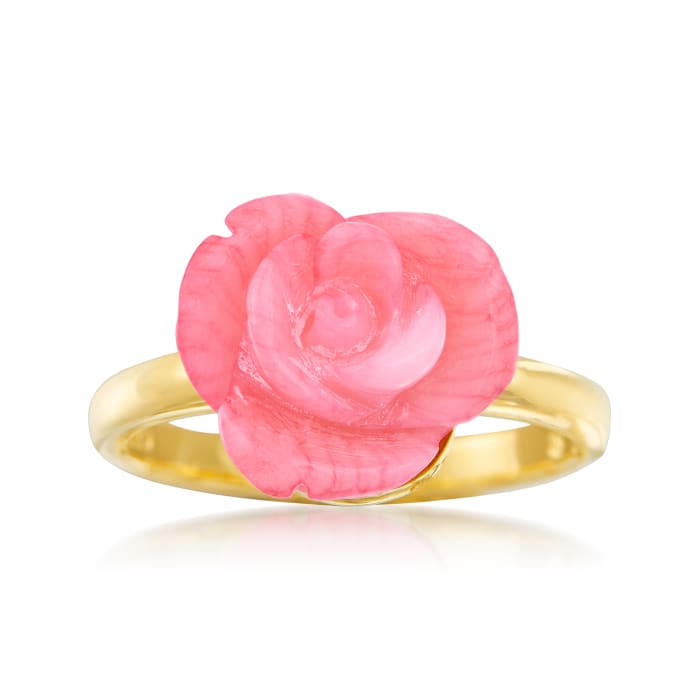 Carved Pink Coral Rose Ring in 14kt Gold Over Sterling