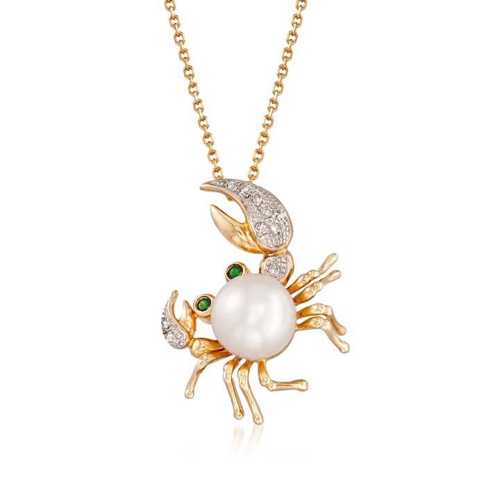 8-8.5mm Cultured Pearl Crab Pendant Necklace with Tsavorite and Diamond Accents in 14kt Yellow Gold