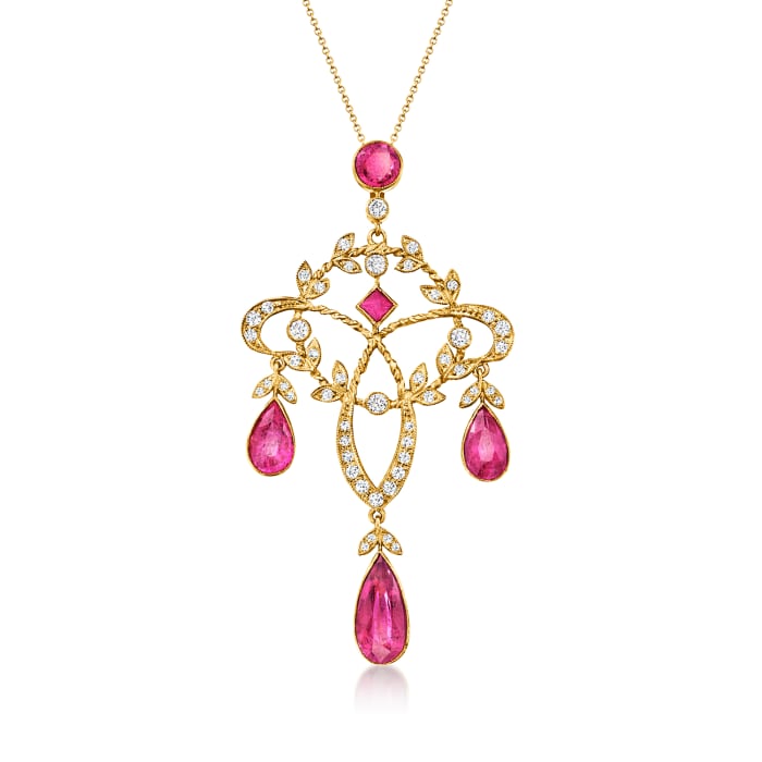 C. 1980 Vintage 9.35 ct. t.w. Pink Tourmaline and 1.25 ct. t.w. Diamond Chandelier Pendant Necklace in 18kt Yellow Gold