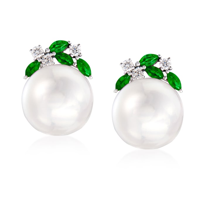 13-13.5mm Cultured Pearl, .60 ct. t.w. Tsavorite and .23 ct. t.w. Diamond Earrings in 14kt White Gold