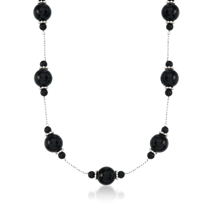 4-10mm Black Onyx Bead Station Necklace in Sterling Silver | Ross-Simons