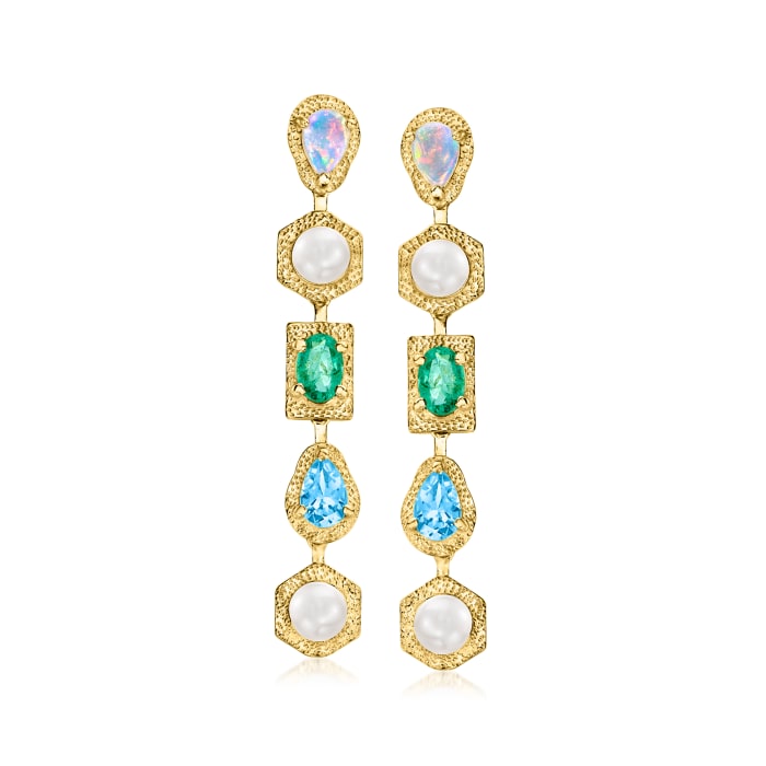 Opal and 4.5-5mm Cultured Pearl Drop Earrings with 1.00 ct. t.w. Swiss Blue Topaz and .90 ct. t.w. Emerald in 18kt Gold Over Sterling