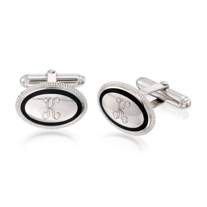 Sterling Silver Personalized Oval Cuff Links with Black Enamel 