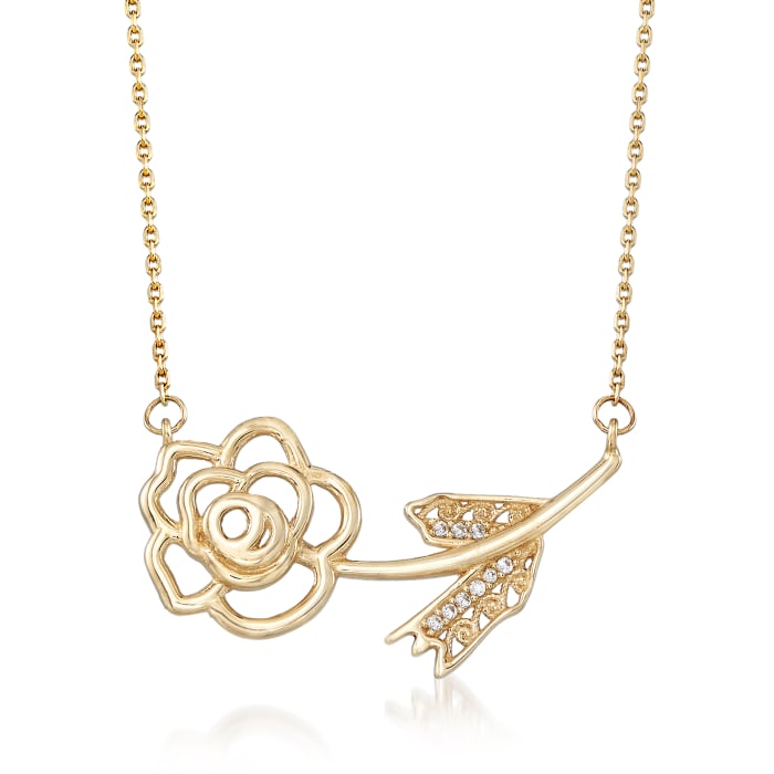 14kt Yellow Gold Single Rose Necklace with CZ Accents