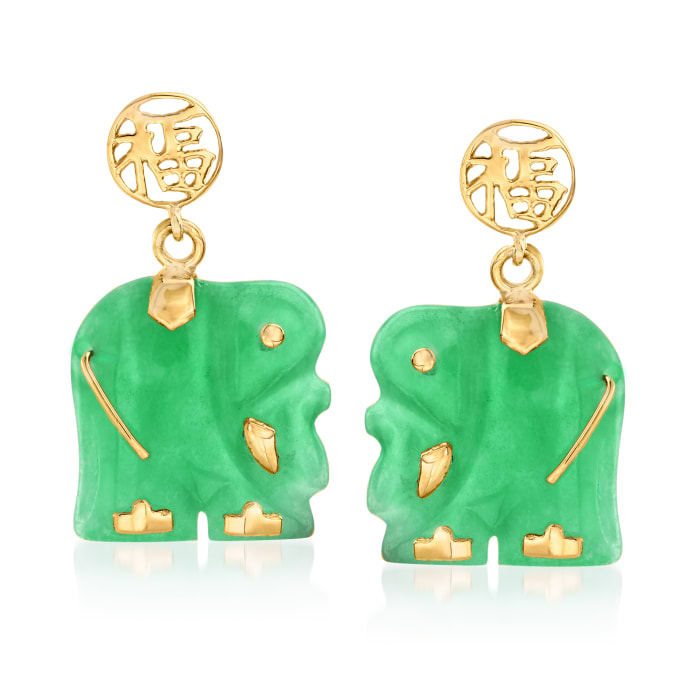 Jade &quot;Lucky Fortune&quot; Elephant Drop Earrings in 14kt Yellow Gold