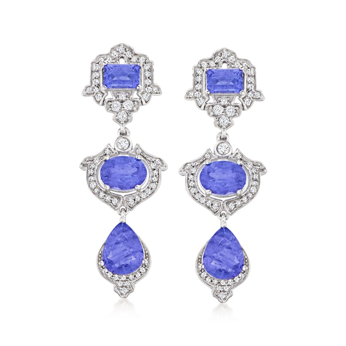 6.40 ct. t.w. Tanzanite and .80 ct. t.w. White Topaz Three-Tier Drop Earrings in Sterling Silver