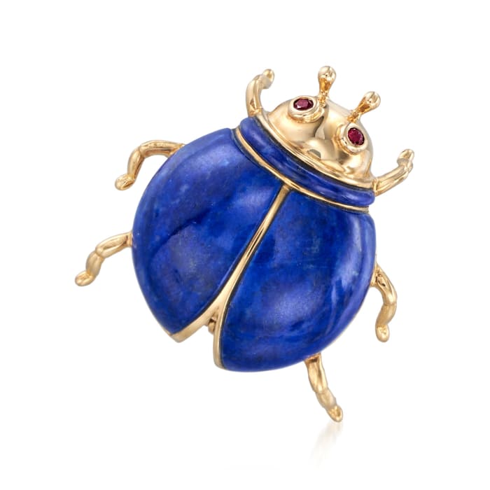 Lapis and Ruby-Accented Beetle Pin in 14kt Yellow Gold 