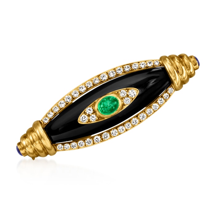 C. 1980 Vintage Onyx, 1.25 Carat Emerald and 1.25 ct. t.w. Diamond Pin with .30 ct. t.w. Sapphires in 18kt Yellow Gold