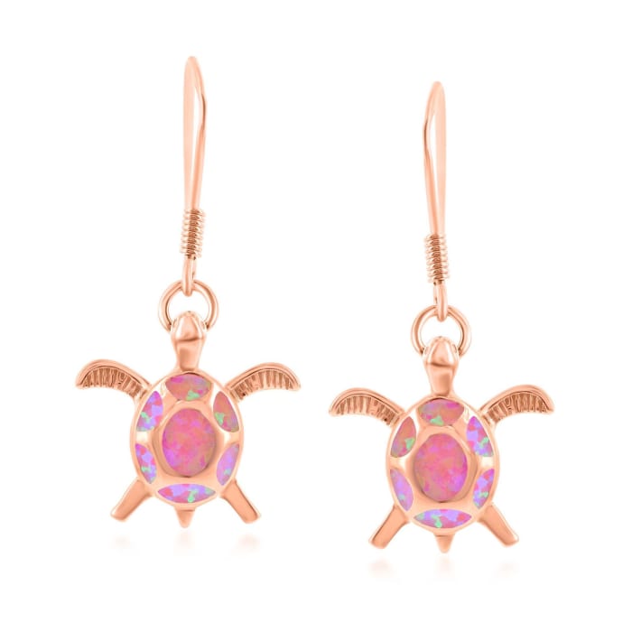 Pink Synthetic Opal Sea Turtle Drop Earrings in 18kt Rose Gold Over Sterling