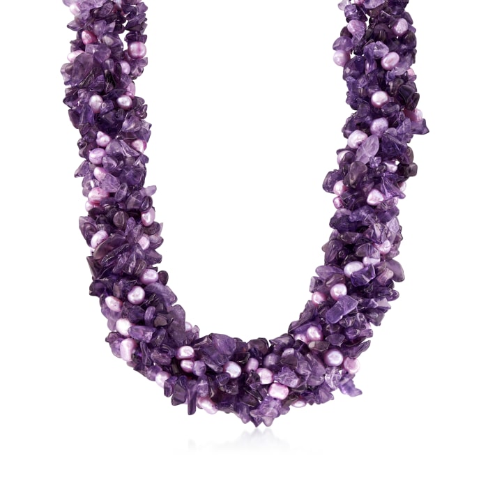 754.00 ct. t.w. Amethyst Bead and 5-6mm Purple Cultured Pearl Torsade Necklace with Sterling Silver
