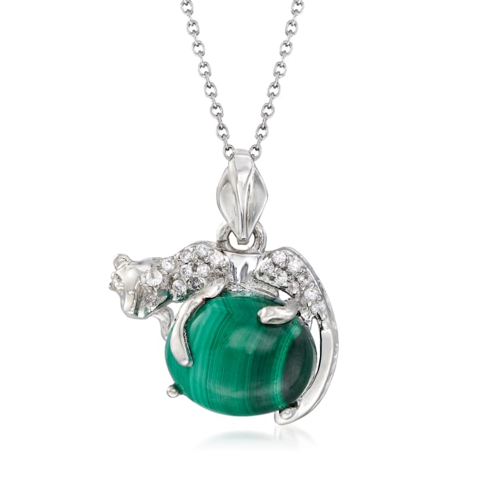 Malachite and .10 ct. t.w. White Zircon Panther Pendant Necklace in Sterling Silver