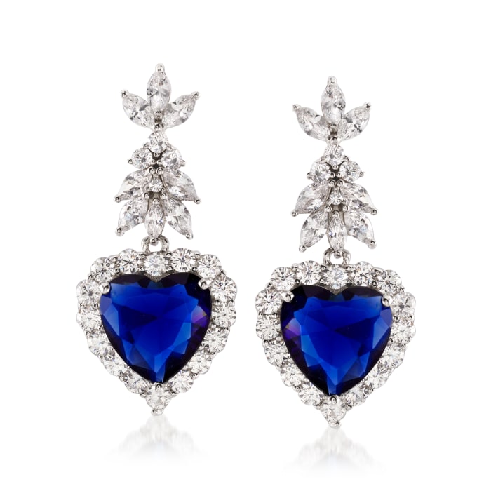 14.50 ct. t.w. Simulated Sapphire and 5.26 ct. t.w. CZ Heart Drop Earrings in Sterling Silver