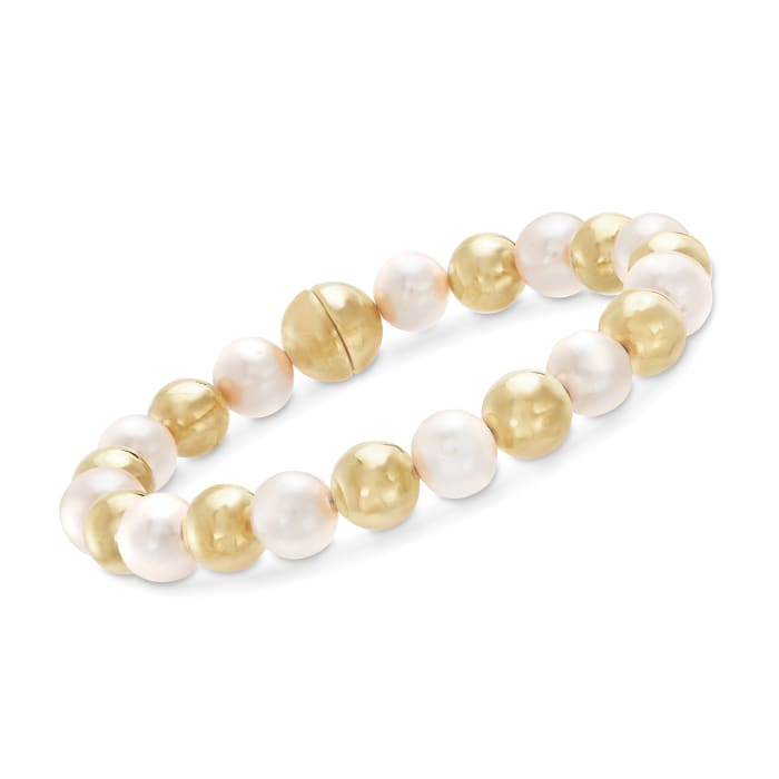 Italian Andiamo 10mm Cultured Pearl and 14kt Yellow Gold Bead Bracelet with Magnetic Clasp