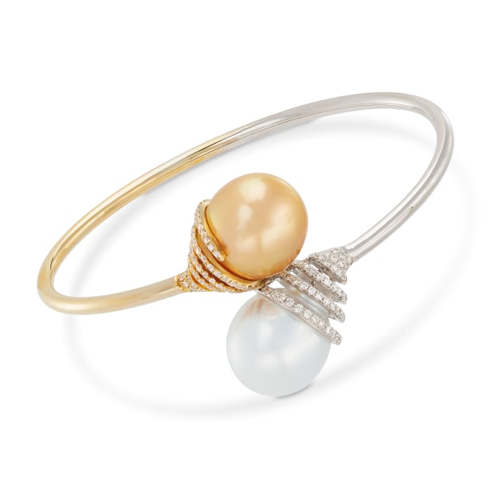 13.8mm Golden and White Cultured South Sea Pearl and .72 ct. t.w. Diamond Bypass Cuff Bracelet in 18kt Two-Tone Gold