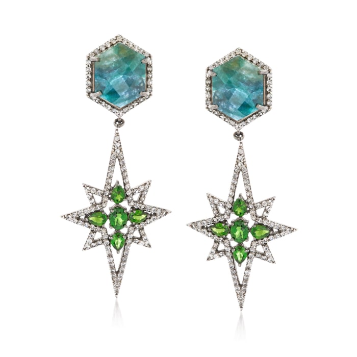 20.00 ct. t.w. Green Corundum and 2.40 ct. t.w. Chrome Diopside Starburst Earrings with 4.30 ct. t.w. White Zircon in Sterling Silver