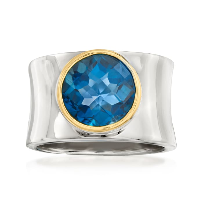 4.70 Carat London Blue Topaz Curved Ring in Sterling Silver and 14kt Yellow Gold