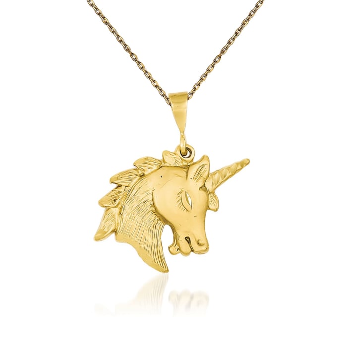 14kt Yellow Gold Textured and Diamond-Cut Unicorn Head Charm Necklace. 18&quot;