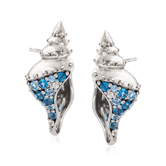 .58 ct. t.w. Blue Topaz and .10 ct. t.w. White Topaz Seashell Earrings in Sterling Silver