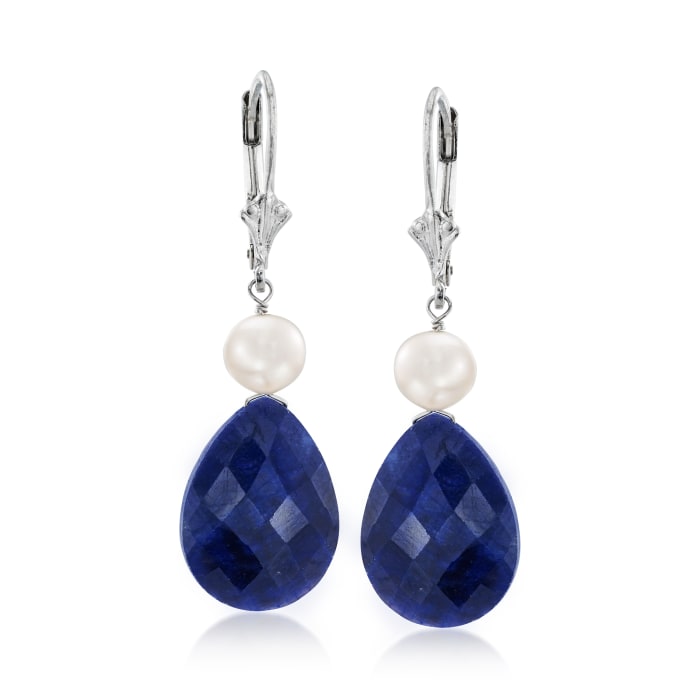 20.00 ct. t.w. Sapphire and Cultured Pearl Drop Earrings in Sterling Silver