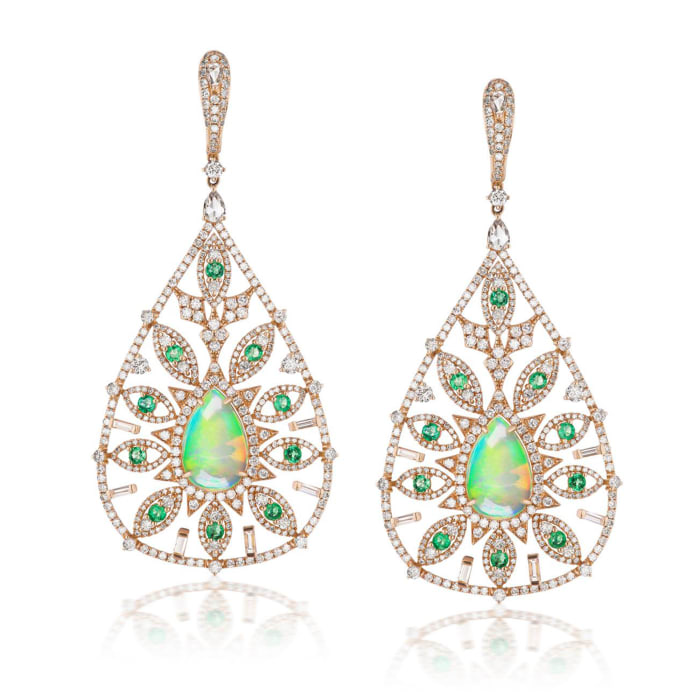 Opal, 5.85 ct. t.w. Diamond and 1.40 ct. t.w. Emerald Drop Earrings in 18kt White Gold