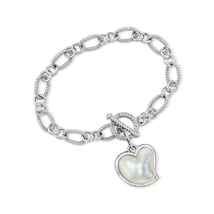 Mother-of-Pearl and Onyx Heart Charm Bracelet in Sterling Silver